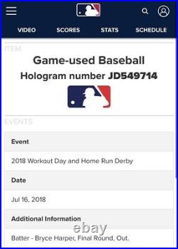 2018 Bryce Harper Game Used Home Run Derby Baseball MLB COA Champ MVP Ball HR