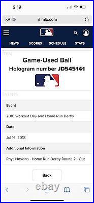 2018 Home Run Derby Rhys Hoskins Baseball Round 2, Out MLB Auth Phillies