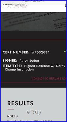 Aaron Judge Signed Baseball 2017 Home Run Derby Ball Derby Champ Inscrip JSA