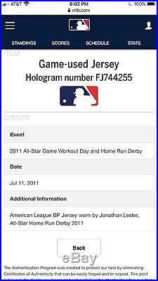 Jon Lester All-Star Used Jersey 2011 Red Sox Cubs Home Run Derby BP