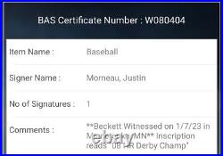 Justin Morneau Autographed 2008 Home Run Derby Moneyball, Gold with Champ Inscrip